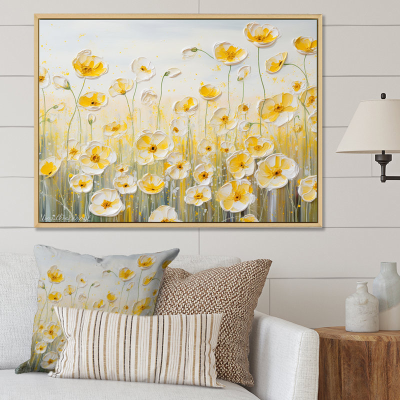 Buttercups Floral Array Field sur impression sur toile, Cadre flottant blanc, H 30 po x l 40 po x P 1,5 po