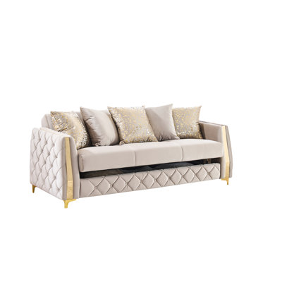 Tissu taupe moderne avec accents dorés, rembourrage en mousse, dossier rembourré et pieds avec espace de rangement sous les coussins, sièges rembourrés, rangement dissimulé
