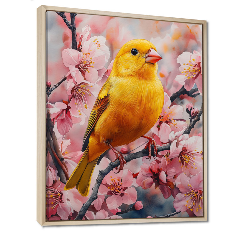 «Golden Finch Parmi Les Fleurs Blanches», reproduction d'art sur toile, Reproduction avec cadre flottant, Crème, crème