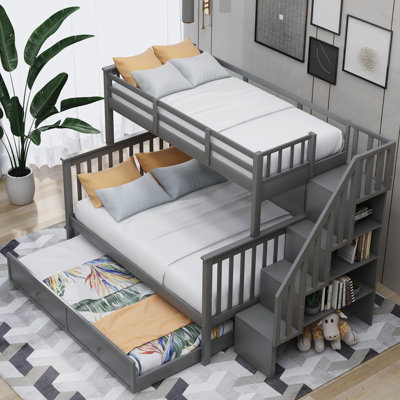 Stairway Twin-Over-Full Bunk Bed With Twin Size Trundle, Storage And Guard Rail For Bedroom, Dorm, For Adults, Gray
