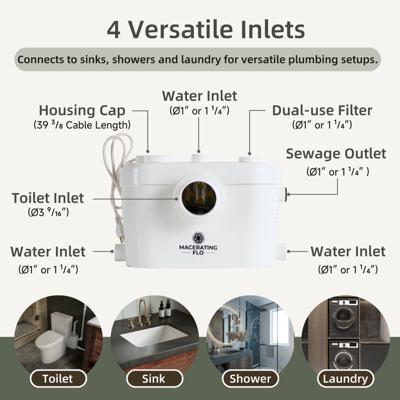 MaceratingFlo 750W Macerating Toilet System with Chair-Height Bowl, Two-Piece Upflush Toilet for Basement, 4 Inlets