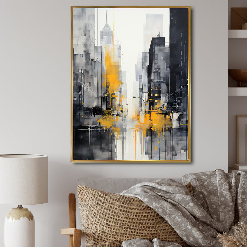 Gris gris, jaune, minimalisme, rythmes de la ville III sur toile, H 40 po x l 30 po x P 1,5 po, Cadre flottant doré