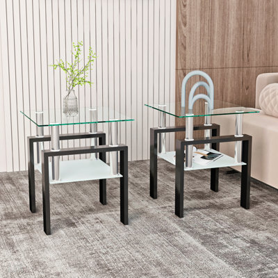 Set Of 2, Modern Tempered Glass Tea Table Coffee Table End Table, Square Table For Living Room, End Table