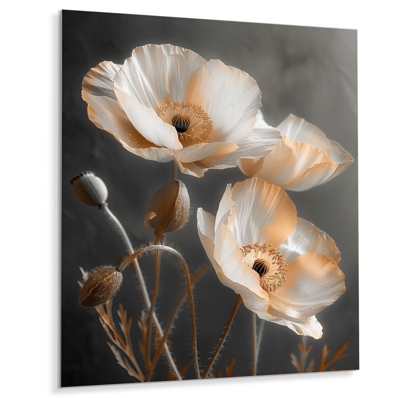 Coquelicots blancs et gris rétro - décoration murale coquelicots, Métal métal, H 32 po x l 16 po x P 1 po