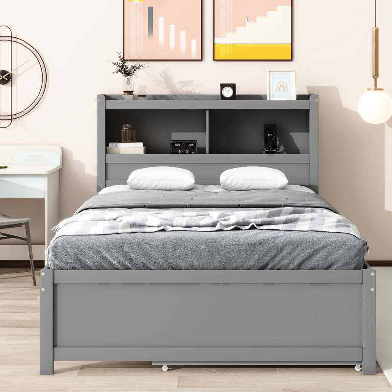  Lit plateforme double avec lit gigogne, systèmes de tiroirs, chargeurs et rangement pour tête de lit, espace, Gris