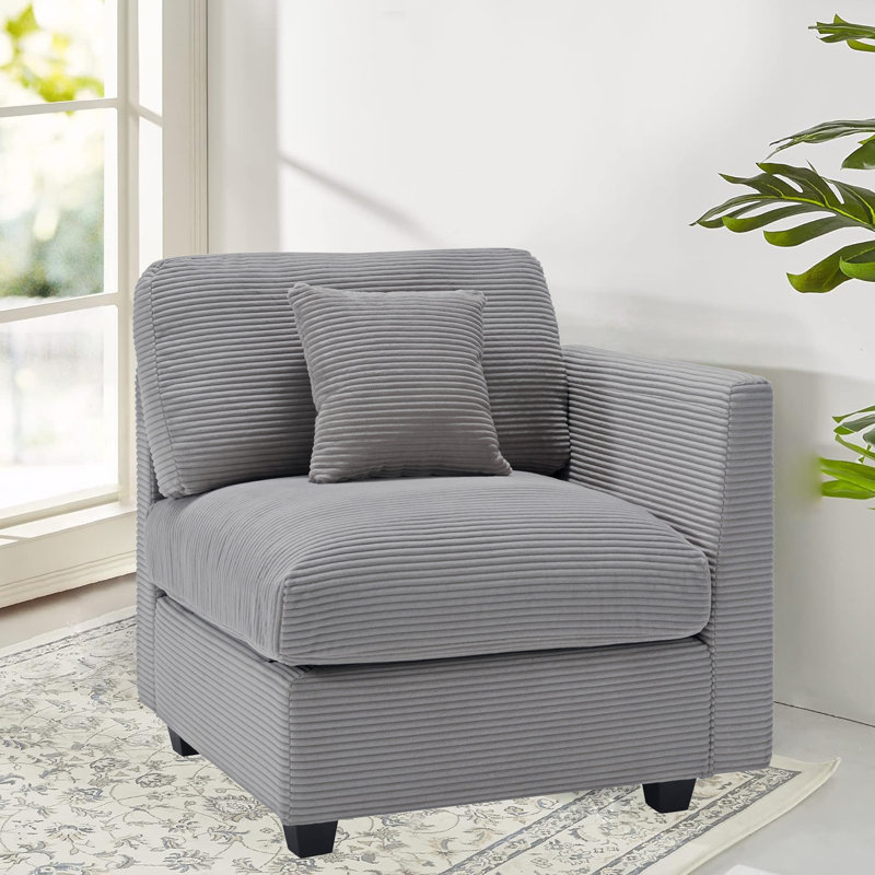 Zayva Corduroy Fabric Right Armrest Seat Module Side Chair For Modular Sectional Sofa, Light Gray Corduroy 