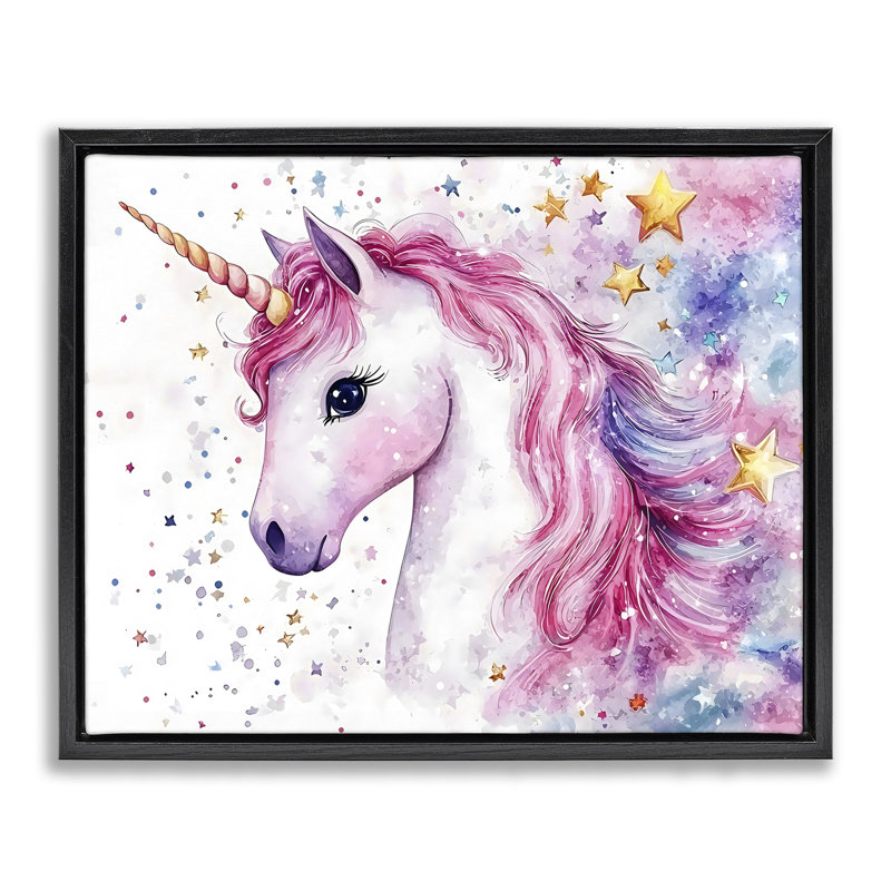 Licorne à crinière rose avec cadre flottant étoiles, design Creative Studio, Cadre flottant noir de jais, H 17 po x l 21 po