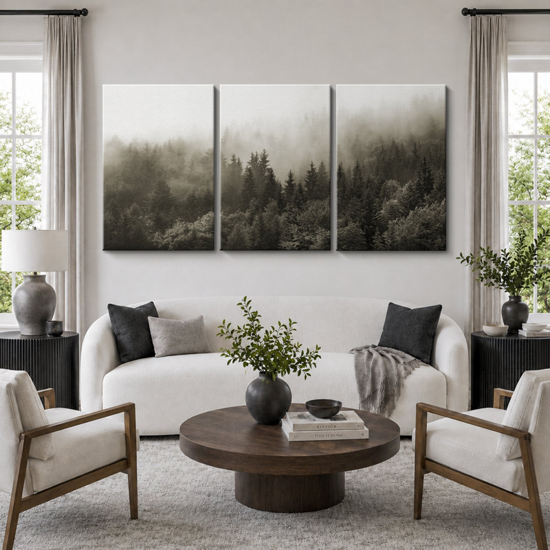«Misty Forest Landscape», œuvre d'art de pin naturel, décor de chambre d'enfant moderne Woodland, grand ensemble de 3 impressions murales sur toile,