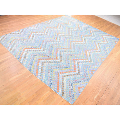 Tapis kilim afghan 10 pi 3 po x 13 pi 3 po bleu clair avec motif géométrique, tissage à plat, motif zigzag vertical, tissé à la main CBC627890E624648B65535C8EA380527