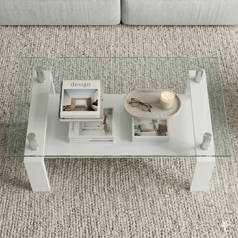 Fraiya Rectangle Coffee Table with Tempered Glass & MDF Storage Shelf, Modern Living Room or Office Center Table, White