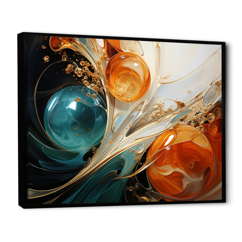 Tempête blanche blanche, bleue et orange - Peinture abstraite, art mural, H 34 po x l 44 po x P 1,5 po, Cadre flottant noir