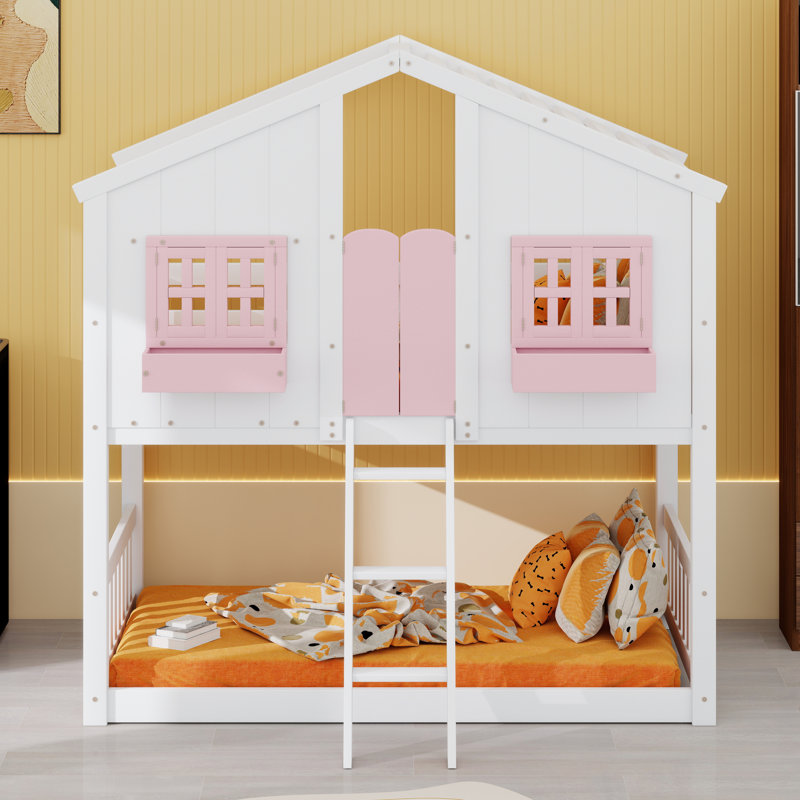 Lits superposés en bois massif avec porte de fenêtre, toit, boîte de fenêtre et échelle, Rose/Blanc