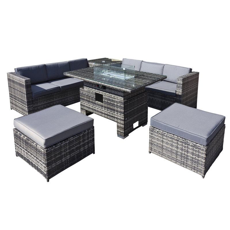 Malta Rattan 8 Seat Rising Firepit Corner Set in Grey Walnut with 2 Footstools