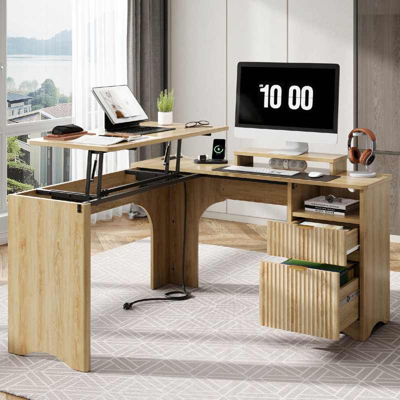 Daymen 55" L-Shaped Lift Top Desk with Power Outlet