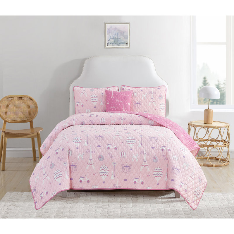 Pink Paris Themed Reversible Cotton Twin Quilt Set