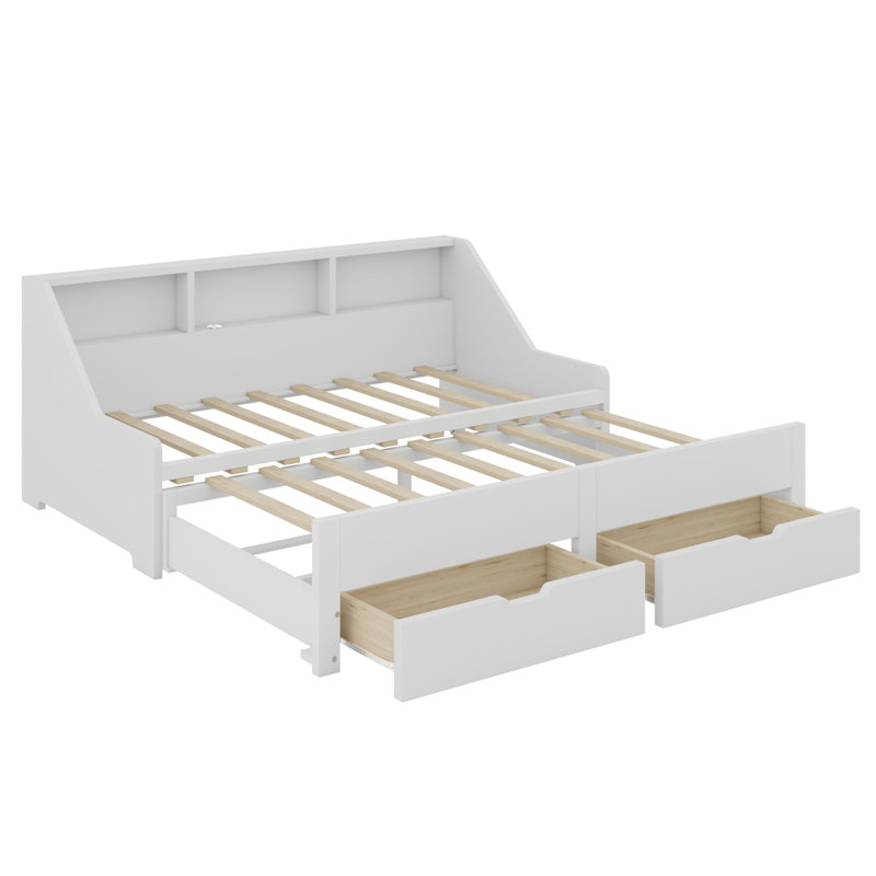Daybed Frame With Storage Bookcases And Two Drawers,Charging Design, White