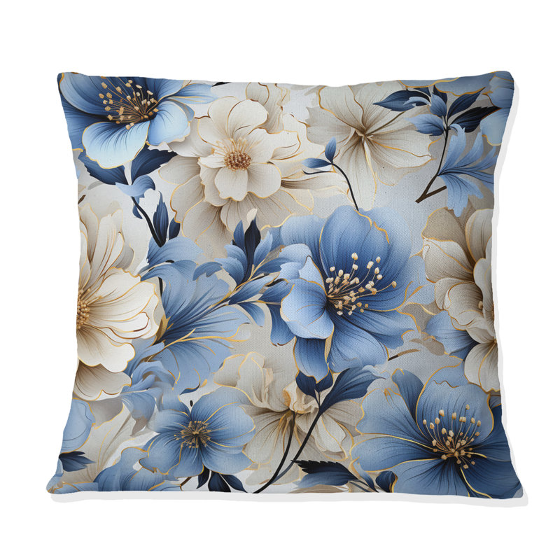 Coussin décoratif à imprimé floral bleu et blanc III, H 16 po x l 16 po
