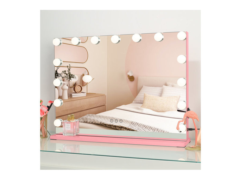 Miroir de maquillage avec 17 ampoules, 3 modes d'éclairage, luminosité réglable, écran tactile, port USB, fixation murale ou sur table