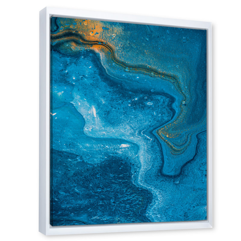 Composition abstraite de marbre en bleu II - peinture sur toile, Cadre flottant blanc, H 32 po x l 16 po x P 1 po