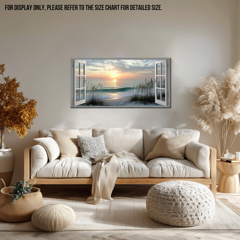  Beach Window Canvas Wall Art, Tranquil Ocean Sunrise Pictures for Living Room, Coastal Rustic Open Window Framed Painting, Calm Beach Scene Artwork Decor for Bedroom Office Summer Home, 24x48 inches
