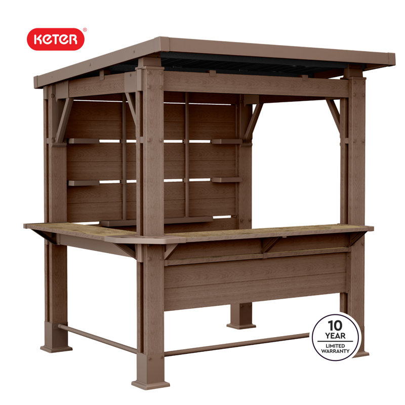 Keter Signature Collection 7.5 x 6.5 ft. Bar Gazebo Outdoor Durable Resin Gazebo with Shelves and TV Mount Point, Pine