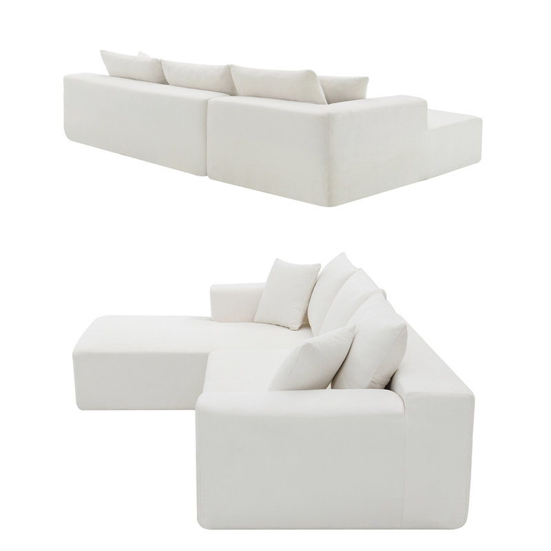 L-shaped Modular  Foam-filled with Spring Support Simple Living Room Sofa, White Chenille