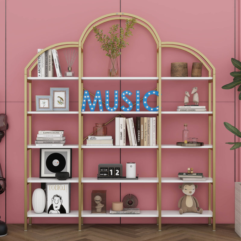 5 Tier Bookshelf With Curved Top, X Bar Gold Shelf, Arched Bookshelf With Anti-Tipping Device And Adjustable Foot Pads