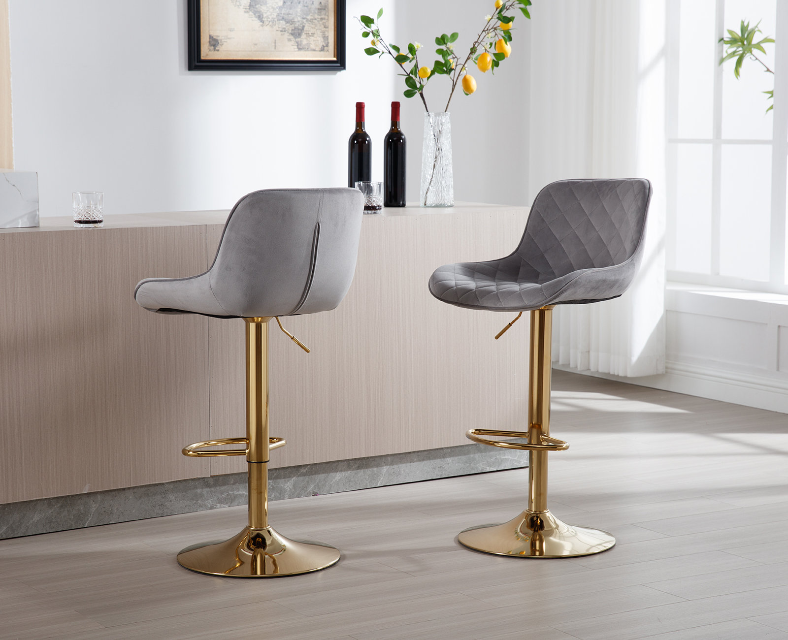 Grey velvet adjustable online bar stool