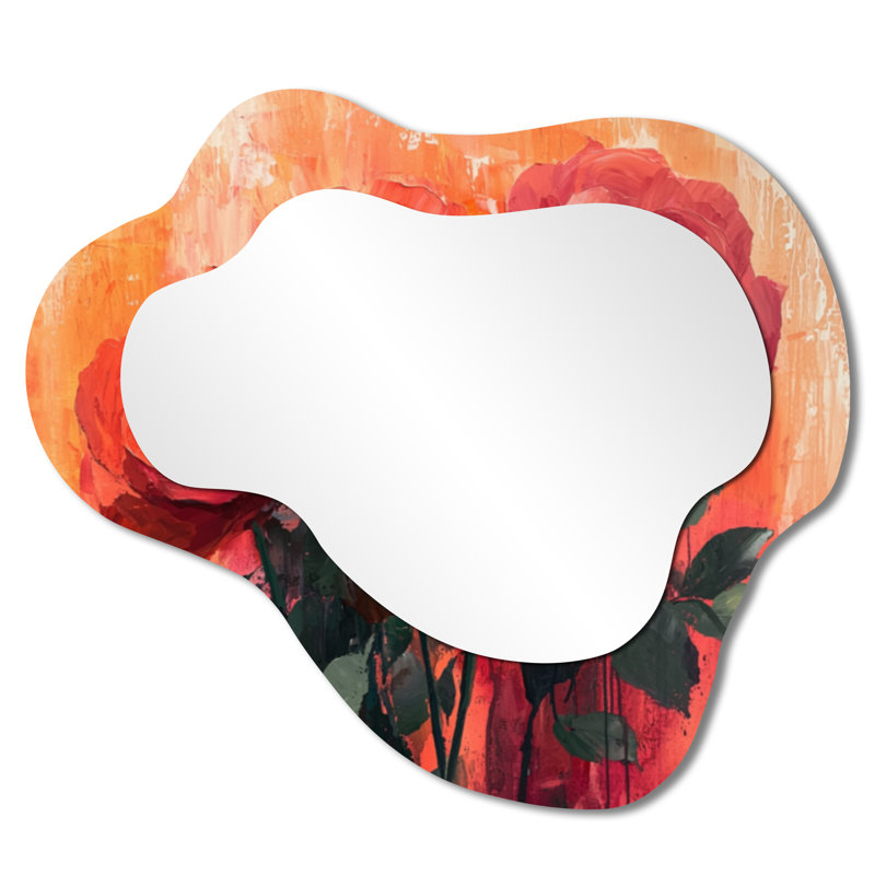 Flowers Rose Sunset Hues Bouquet - Roses Asymmetrical Wall Mirror, Modern Vanity Mirror, Printed on Metal, 25" x 28"