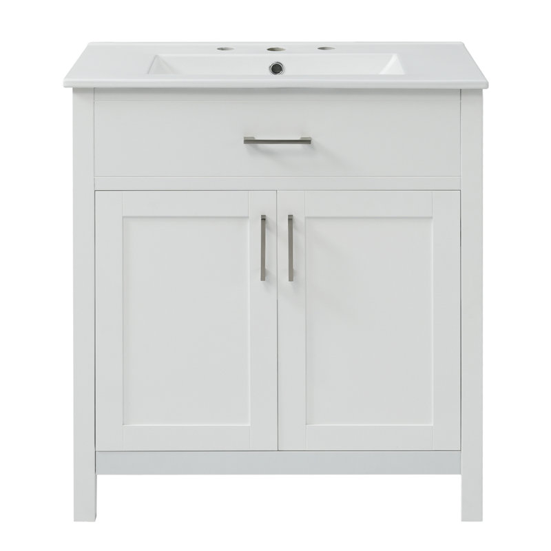 Meuble-lavabo de salle de bain avec lavabo en céramique, porte, tiroir et meuble-lavabo
