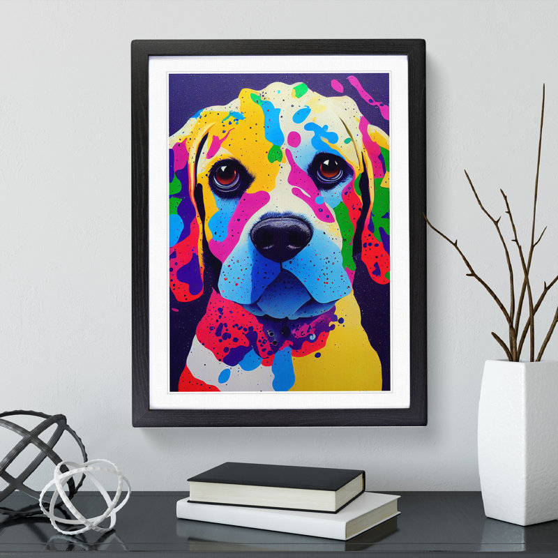 XV1022-4074X Splashed Dog No.1 Abstract - Print, White, 66cm H x 48cm W, Black Framed