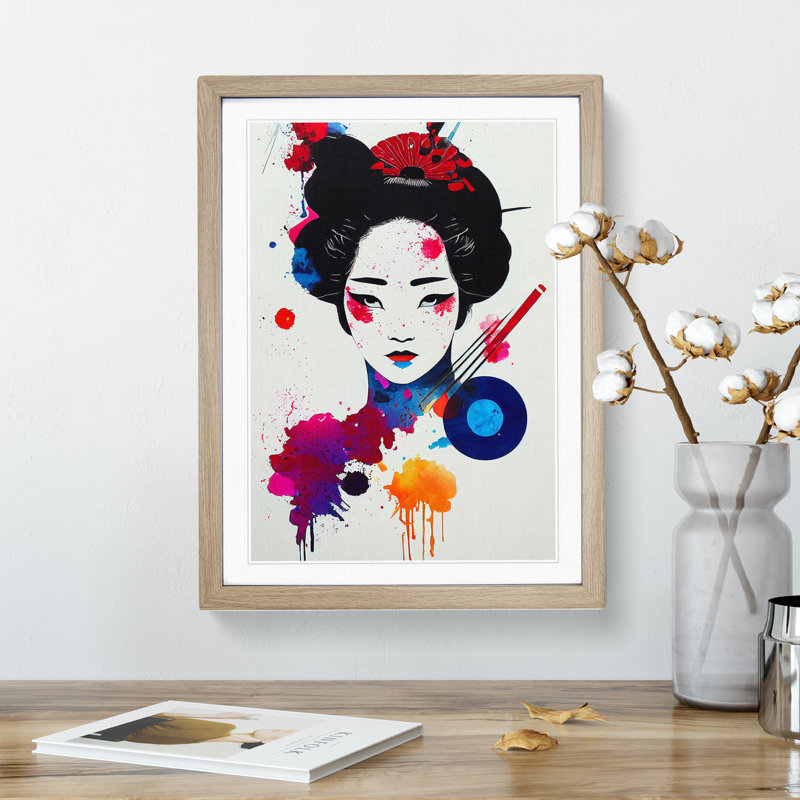 XV1022-4087X Splashed Geisha No.2 1 Piece Single Picture Frame Painting, 34cm H x 25cm W x 2cm D, Oak