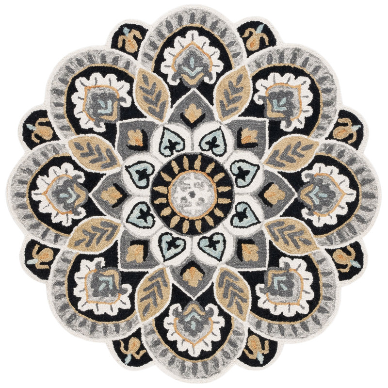 Novelty Floral Area Rug, Round 91 cm, Ivory/Black