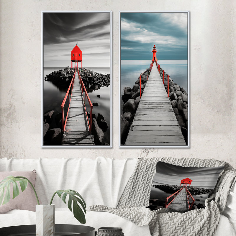 «Coastal Pier Reflections», 2 pièces sur toile, H 20 po x l 24 po, Cadre blanc