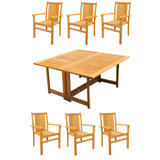 6 Seats 7 Pcs Grade-A Teak Wood Dining Set: 60" Square Rectangle Butterfly Table And 6 Cahyo Stacking Arm Chairs #11CH1406