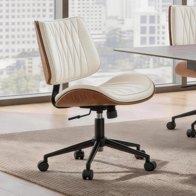 Modern Walnut Bentwood Armless Task Chair with Diamond Tufted Backrest