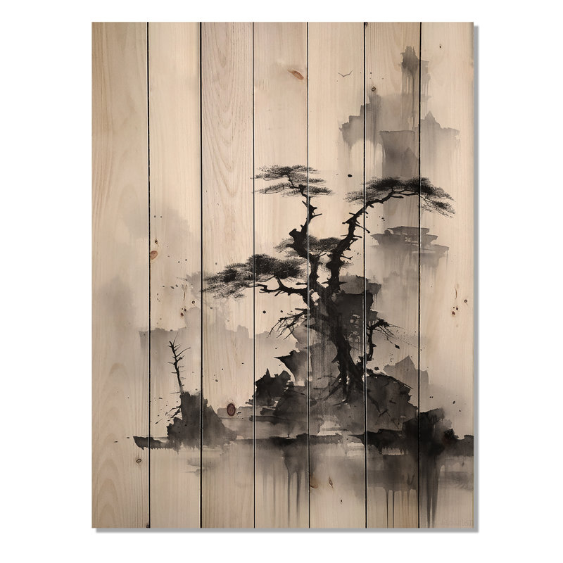 Paysage asiatique, art Sumi sur bois, H 40 po x l 30 po x P 0,78 po