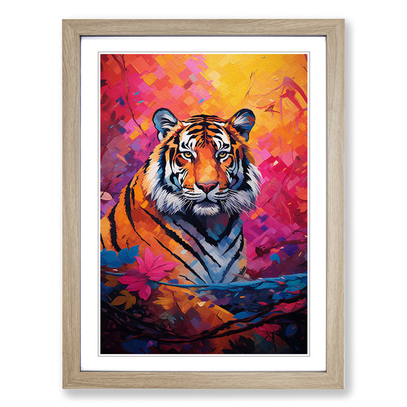 XYZ-FRM-V1223-6169 Tiger Colour Field - Single Picture Frame Rectangle Print on Wood, Oak , 34cm H x 25cm W x 2cm D