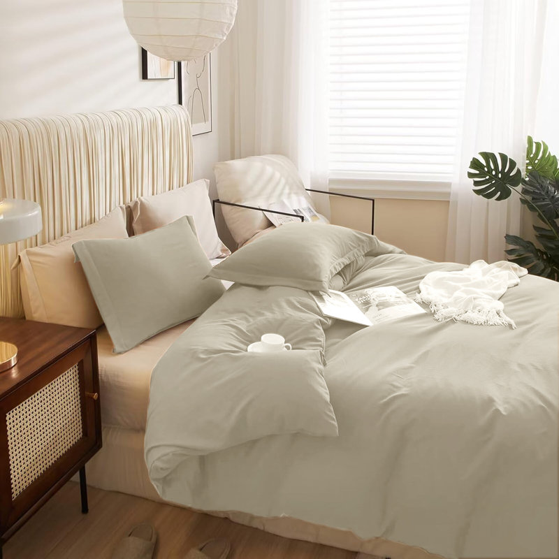 Ultra Soft 3-Piece Dyed Duvet Cover Set With Pillowcases, Beige, Double Duvet Cover + 2 Standard Pillowcases