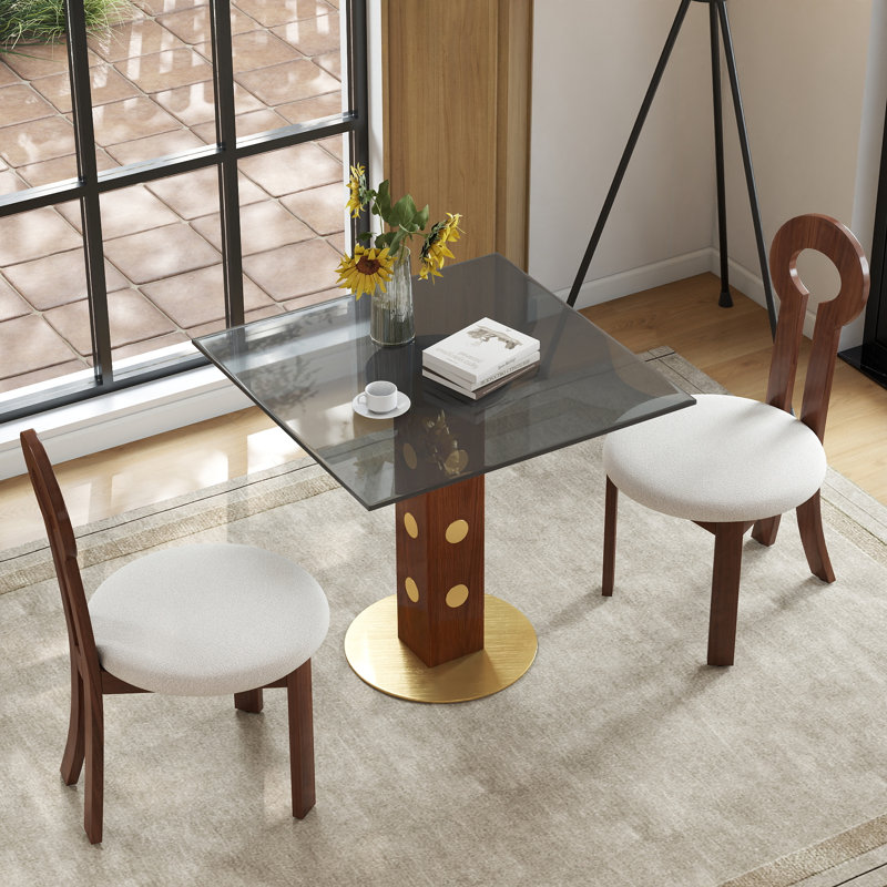 Modern wood 3-Piece Dining Set – Square Dining Table with Faux Stone or Tempered Glass Top & 2 Upholstered Ring Back Chairs, Walnut Base