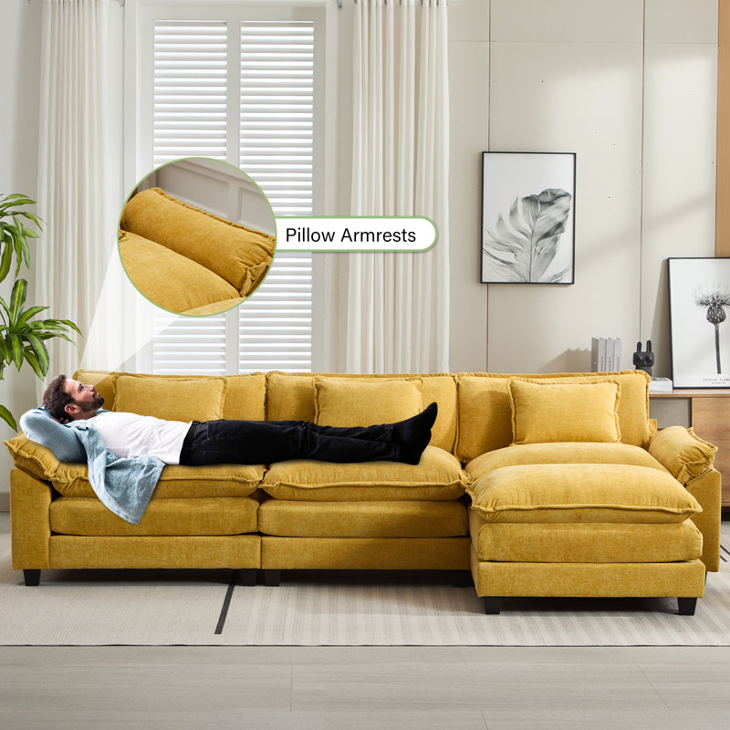 120" Sectional Sofa Comfy Cloud Couch for Living Room Modern Sofa Sleeper Deep Couches with Ottoman, Yellow Chenille