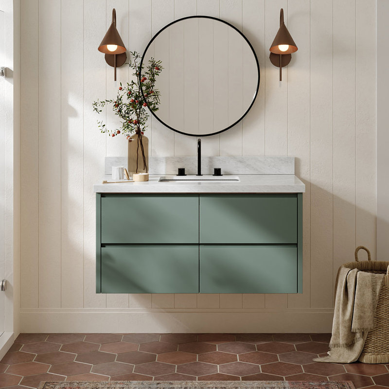   Ensemble de meuble-lavabo mural rectangulaire simple de 43 po avec comptoir en marbre de Carrare blanc de 1,5 po Ensuko
