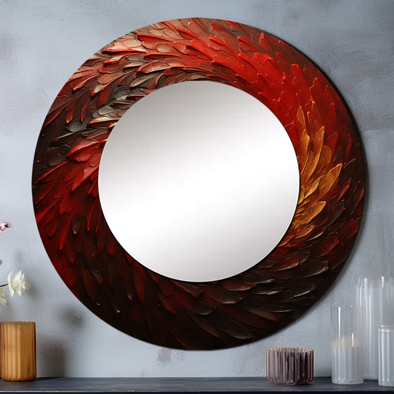 Red Whimsical Whirl Spiral - miroir mural unique à spirales abstraites, miroir rond rouge, 36 po x 36 po