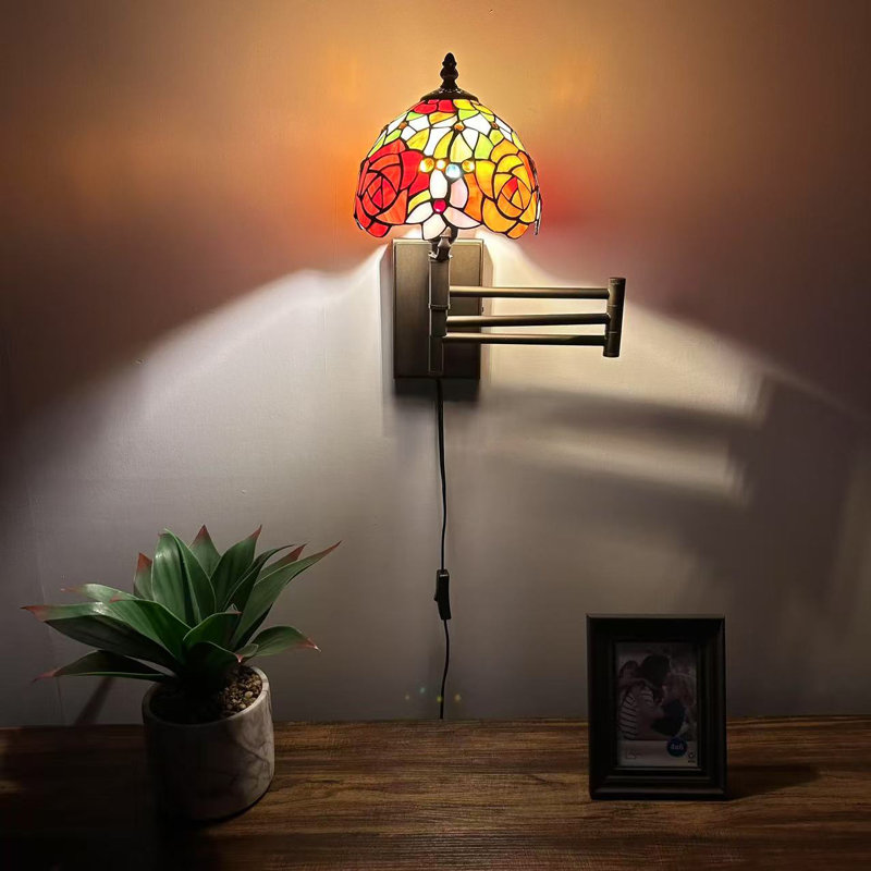 Tiffany Sconce Lamp Plug in Swing Arm Stained Glass Rose Flowers LED Bulb Included 13”W*8”D*15”H, Red/Green/White