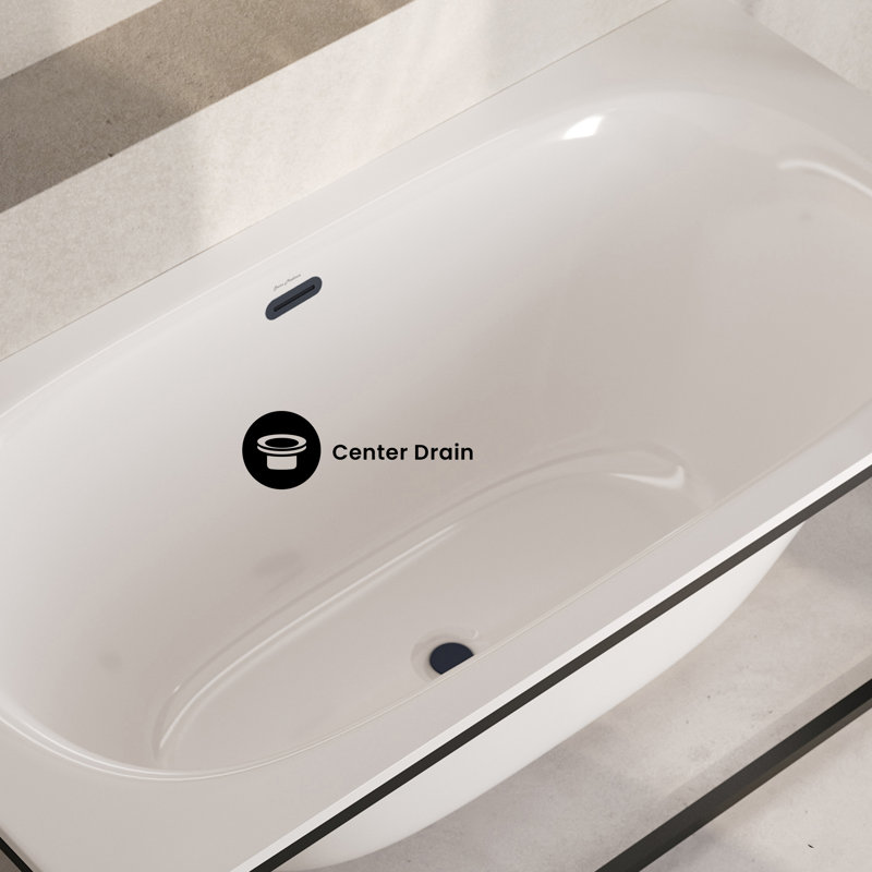 Baignoire de trempage autoportante 60 po Pierre blanche brillante, cadre Pierre incluse