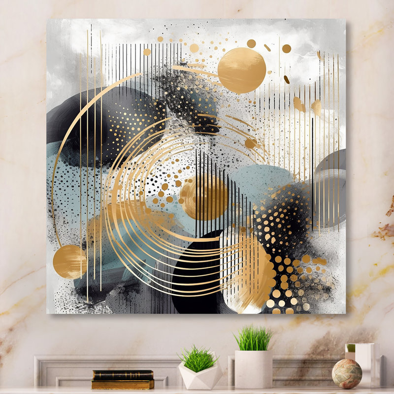 Or et gris, formes modernes, minimalisme II - art mural abstrait en métal, H 36 po x l 36 po