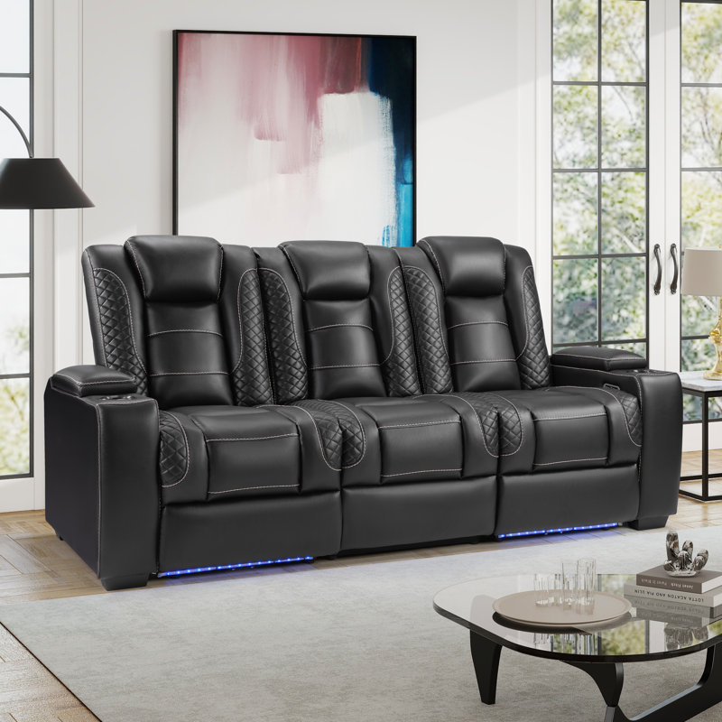 85" Wide Faux Leather Dual Motor Power Recliner Man Cave Sofa With Cup Holders Adjustable Headrest