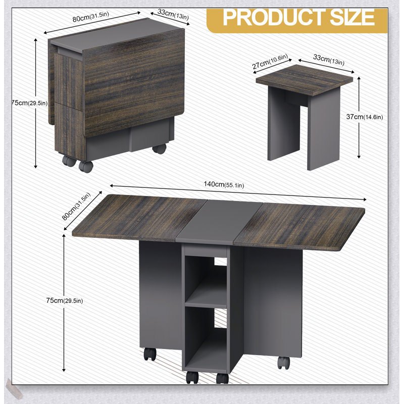 Ensemble de table de salle à manger extensible 5 pièces avec 4 chaises, abattant 55 po, rangement et 6 roulettes pour les petits espaces