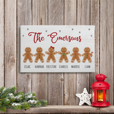 «Gingerbread Family», reproduction d'art sur toile avec nom de famille personnalisé et 2 noms de biscuits imprimés | Décoration des Fêtes pour utilisation dans la cuisine, le couloir ou la salle familiale | Prêt à être accroché | 16 x 10