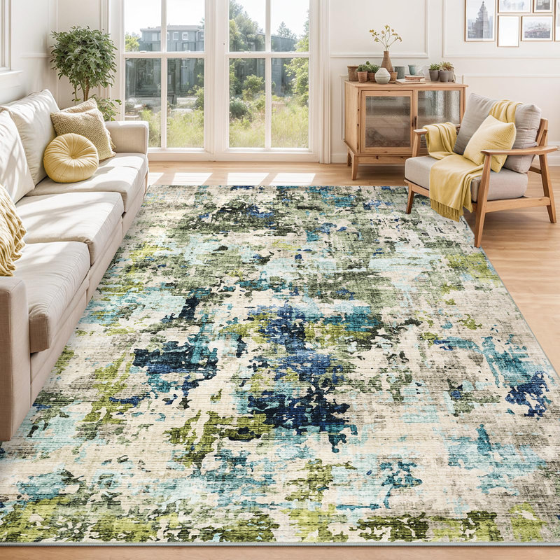Washable Area Rug, Modern Abstract Low Pile Non-Slip Foldable Pearl Velvet Artistic Landscape Carpet, Teal, 4'x6', Teal